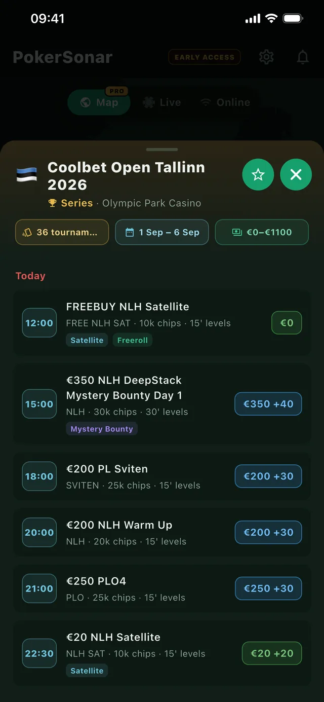 Festival schedule in PokerSonar showing a full series day by day