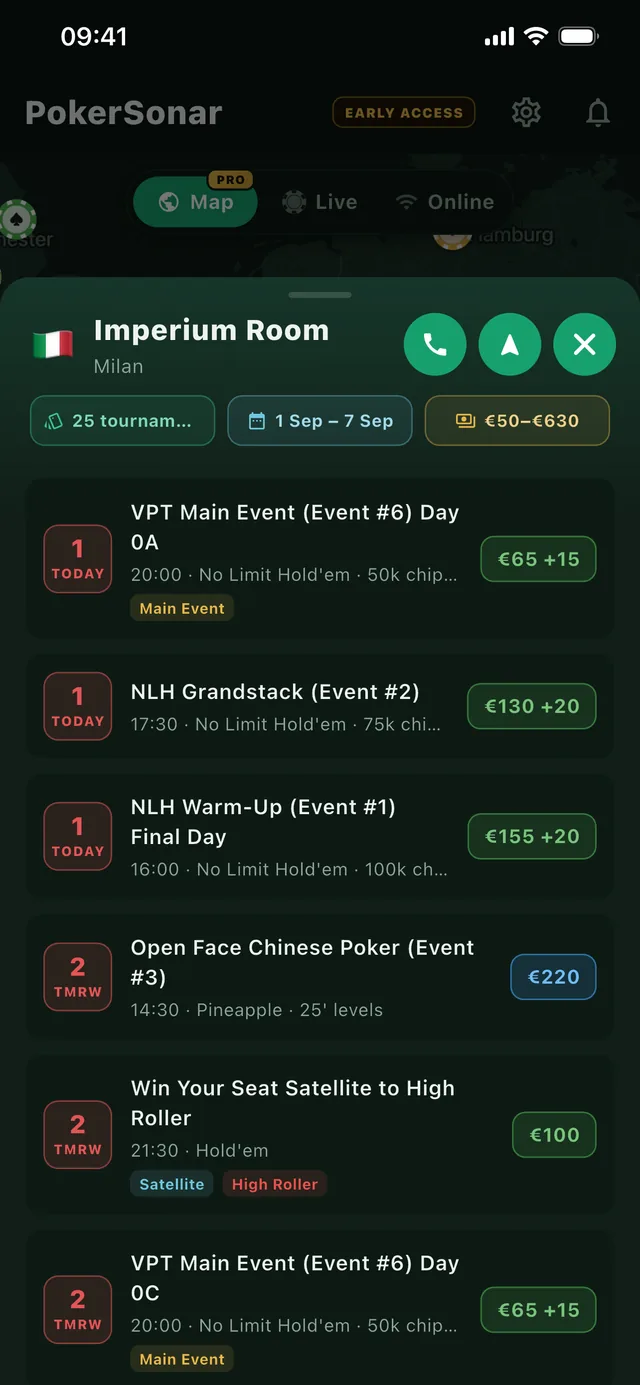 Poker room page in PokerSonar listing upcoming tournaments with buy-ins